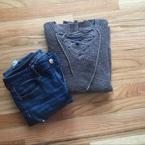 American Eagle Lace Up V-Neck Knit Sweater - Small